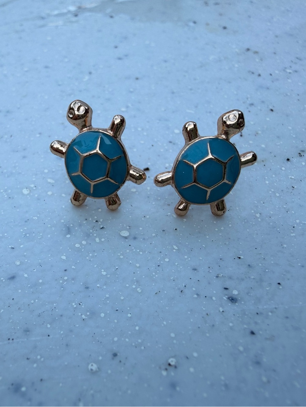 Turquoise Blue Enamel Sea Turtle Stud Earrings Gold Tone